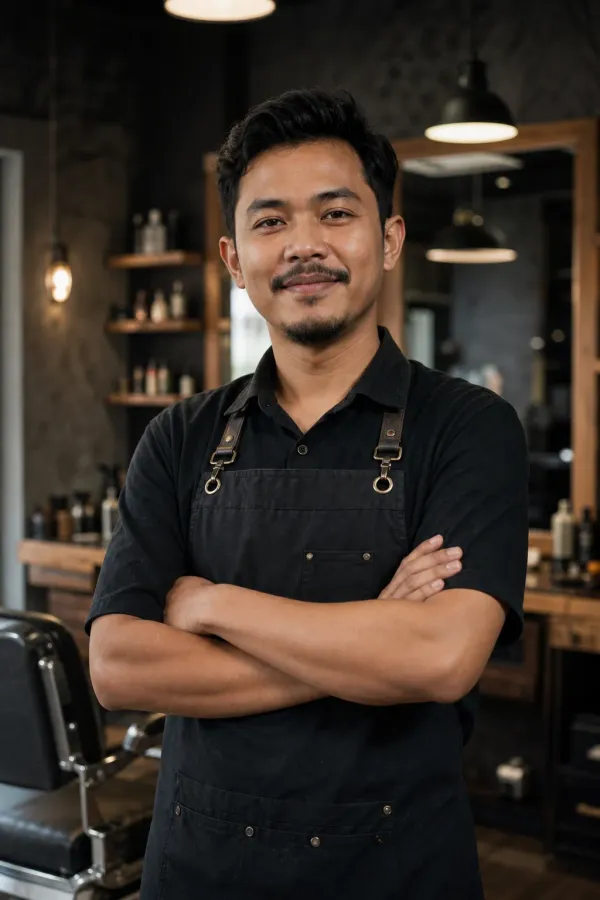 Barber dengan apron hitam di dalam barbershop